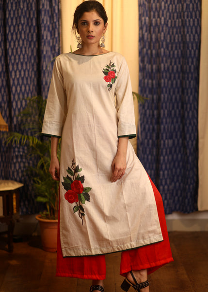 Straight Cut Cotton Kurta with Hand-painted flower motifs