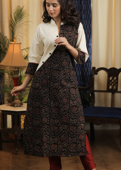Straight Cut Handloom Cotton Kurta with Ajrakh Combination
