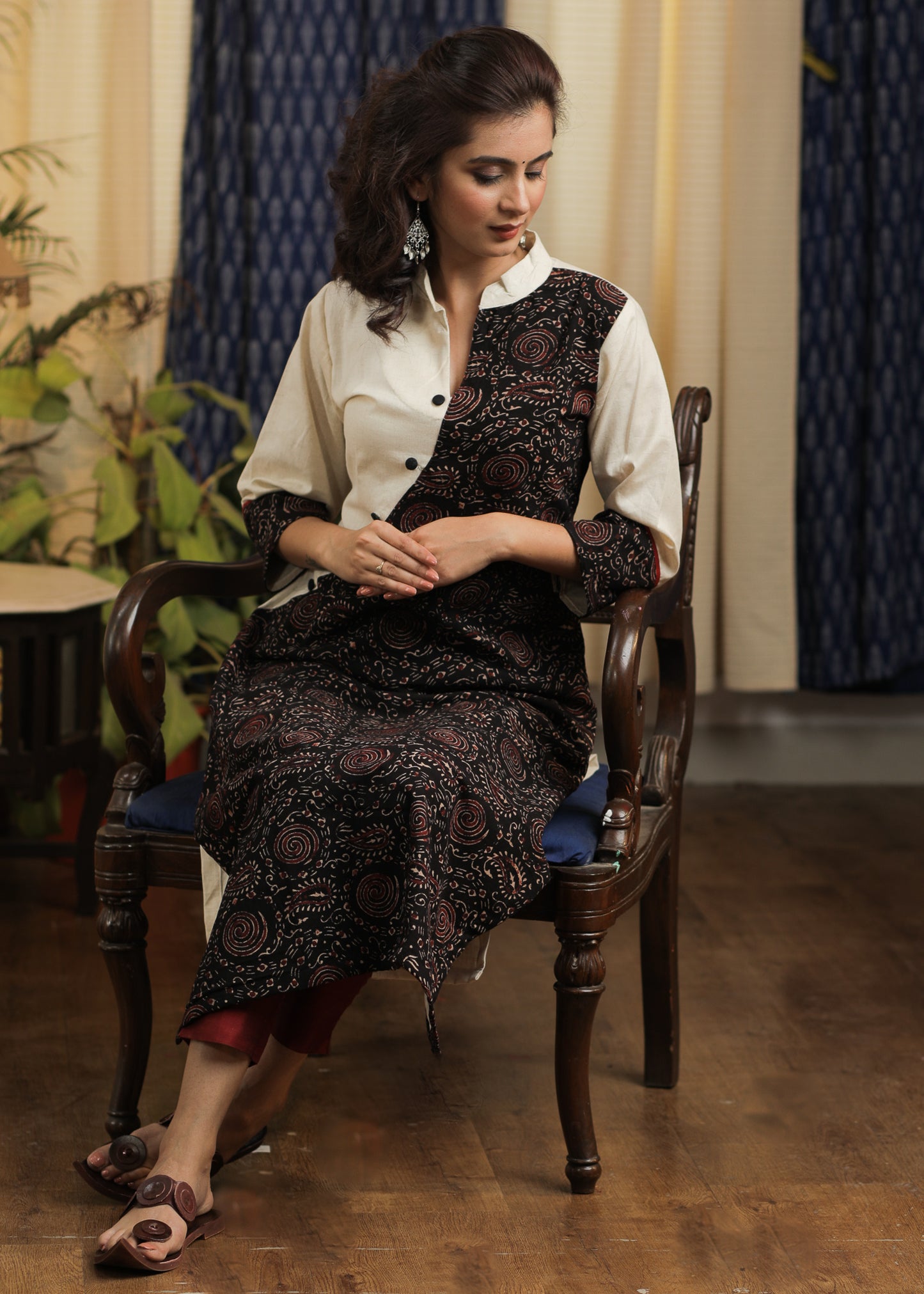 Straight Cut Handloom Cotton Kurta with Ajrakh Combination