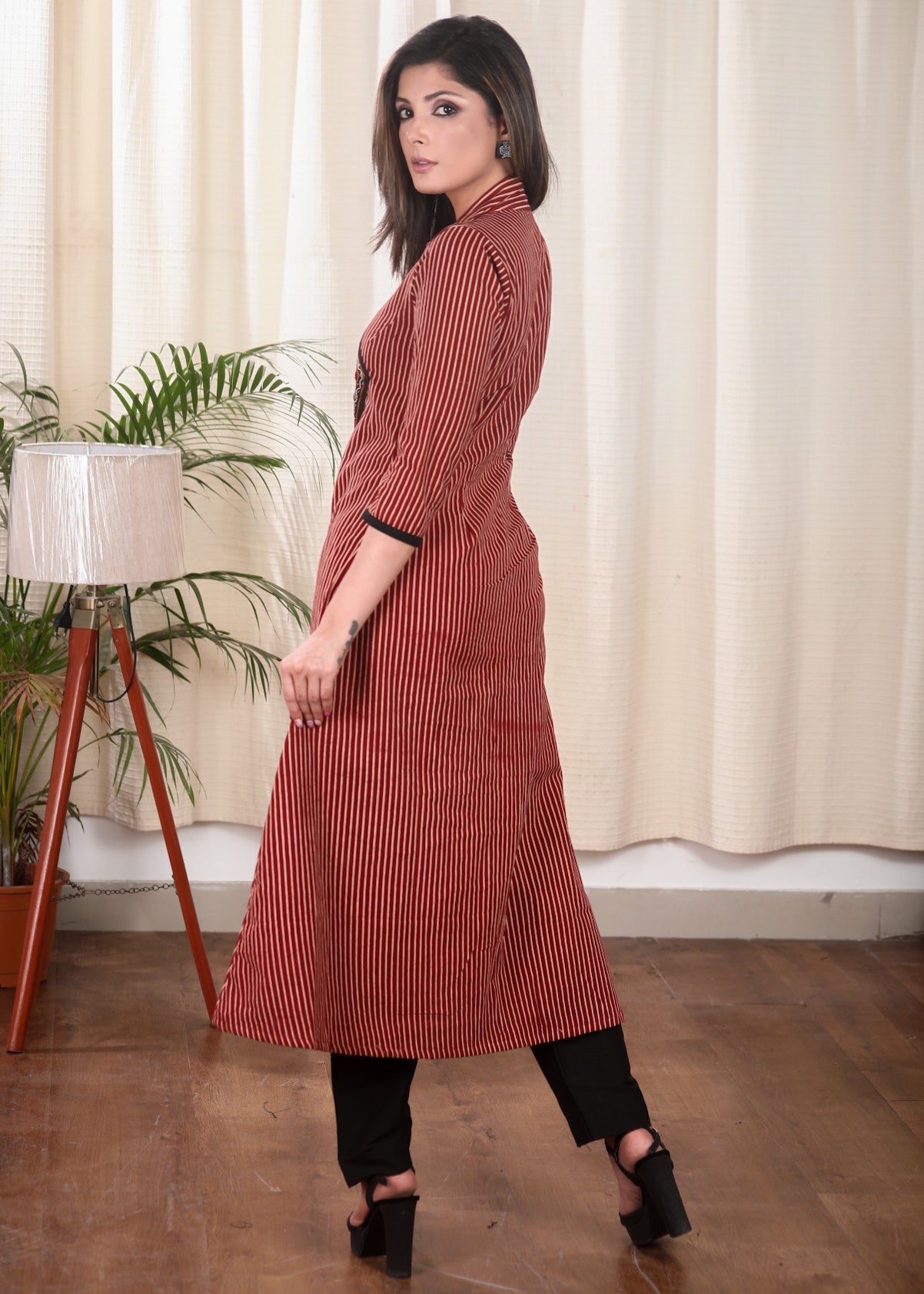 Classy A Line Ajrakh Kurta With Striking Hand made Kutch Mirror Embroidery Work