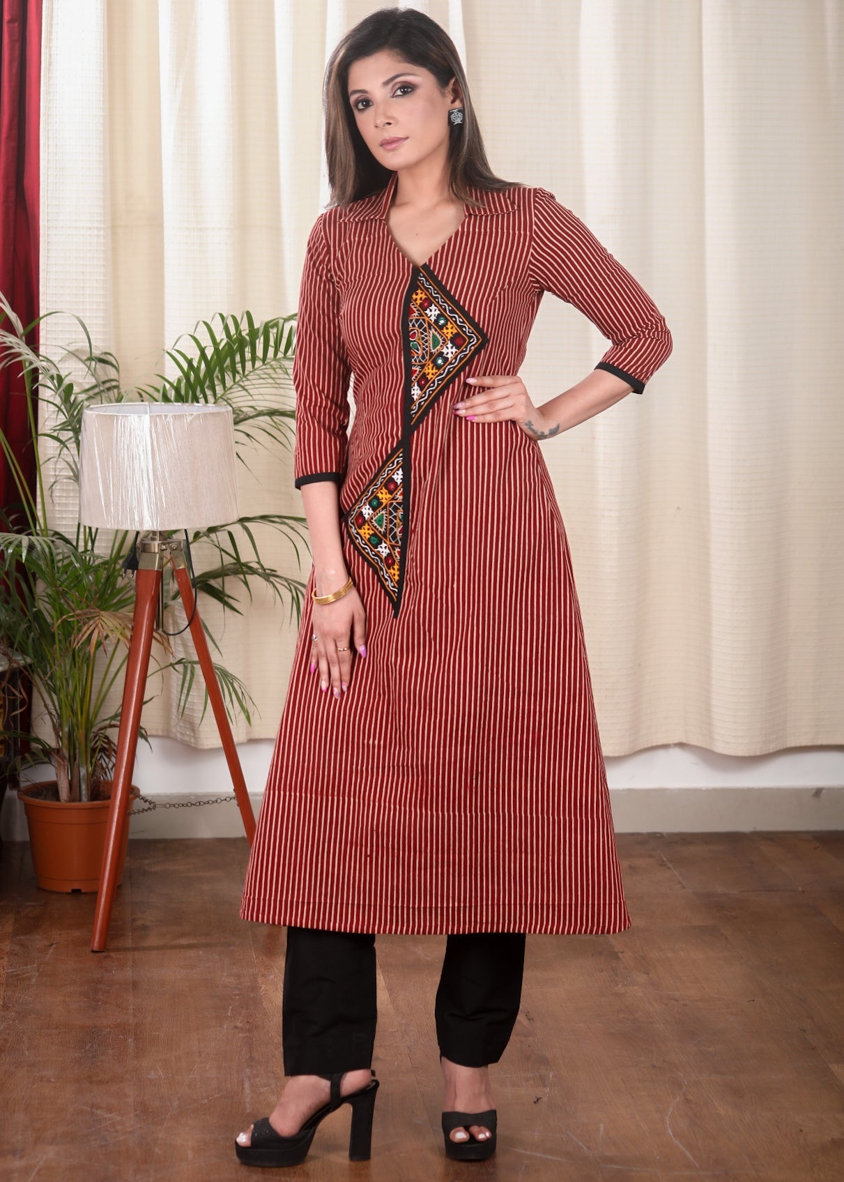 Classy A Line Ajrakh Kurta With Striking Hand made Kutch Mirror Embroidery Work