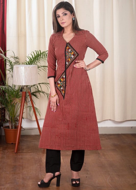 Classy A Line Ajrakh Kurta With Striking Hand made Kutch Mirror Embroidery Work