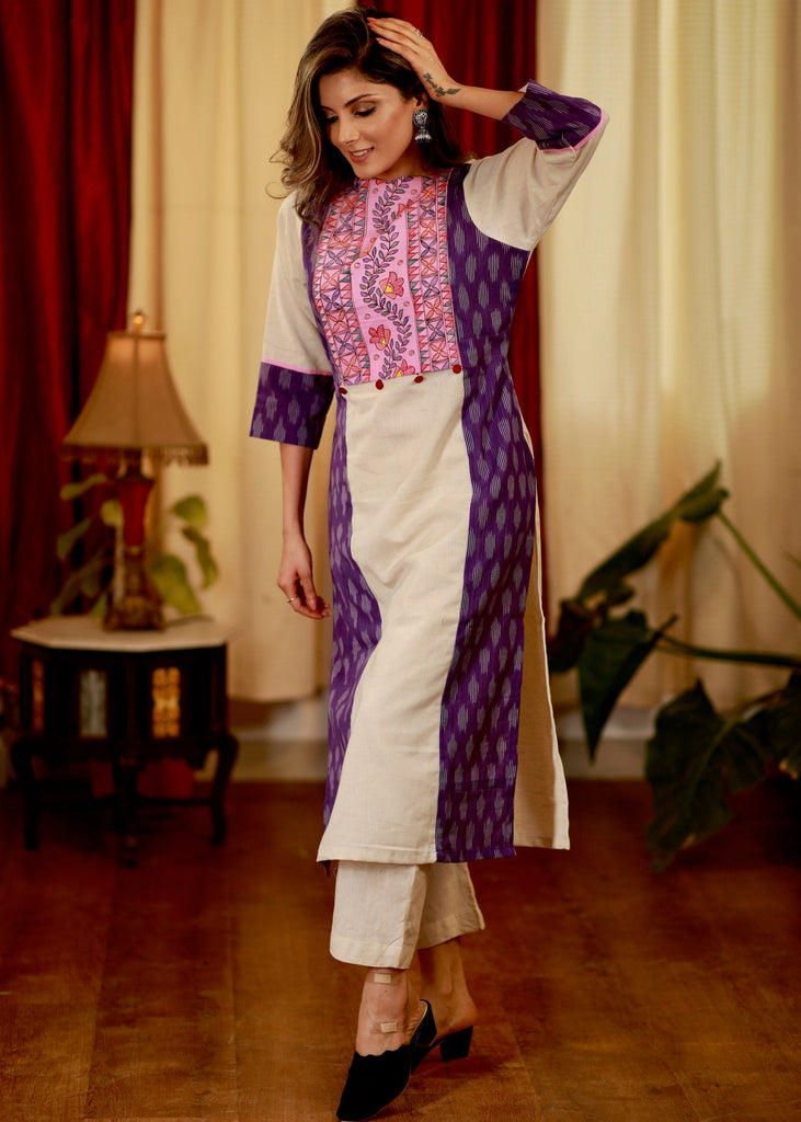 Straight Cut Handloom Cotton Kurta with Ikat and Exclusive Hand Painted Madhubani work