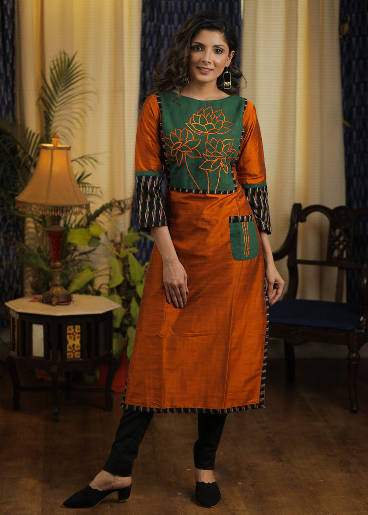 Straight Cut Rust Cotton silk Kurta with Exclusive Embroidered yoke and Pocket