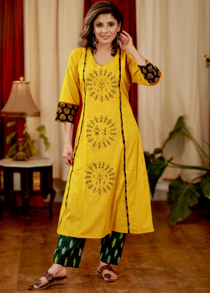 A - Line Cotton Handloom Kurta with Exclusive Hand Painted Warli work and Ajrakh detail