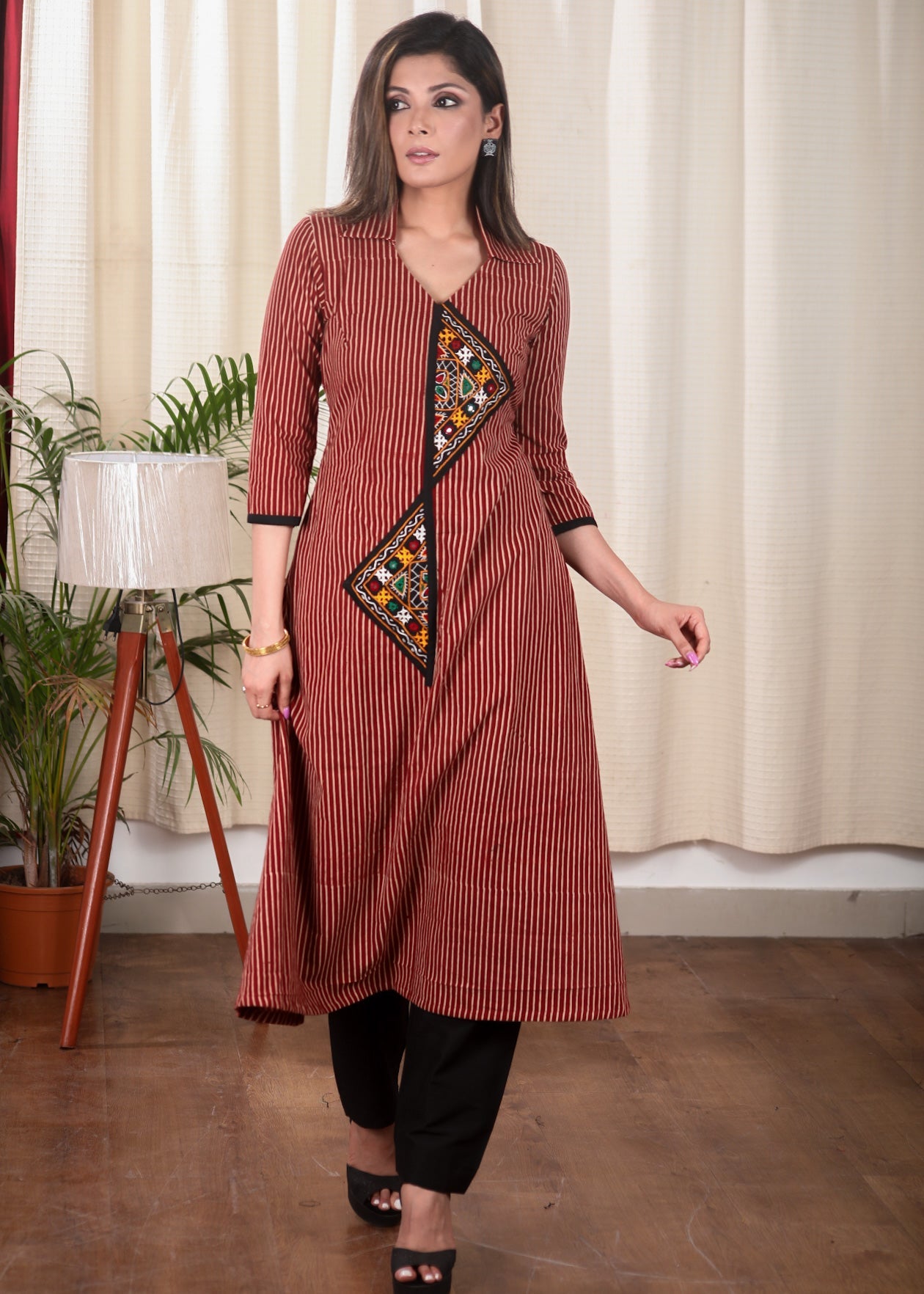 Classy A Line Ajrakh Kurta With Striking Hand made Kutch Mirror Embroidery Work