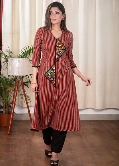 Classy A Line Ajrakh Kurta With Striking Hand made Kutch Mirror Embroidery Work