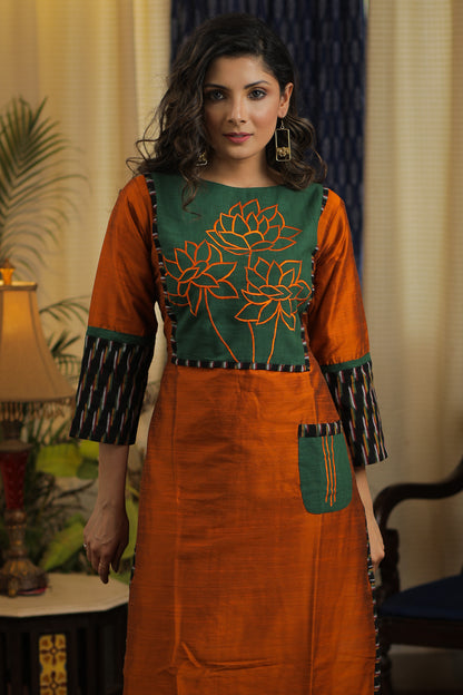 Straight Cut Rust Cotton silk Kurta with Exclusive Embroidered yoke and Pocket
