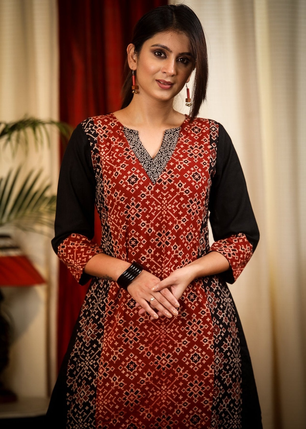 Dussehra Sale — A - Line Cotton Ajrakh Combination Kurta - Pant Optional