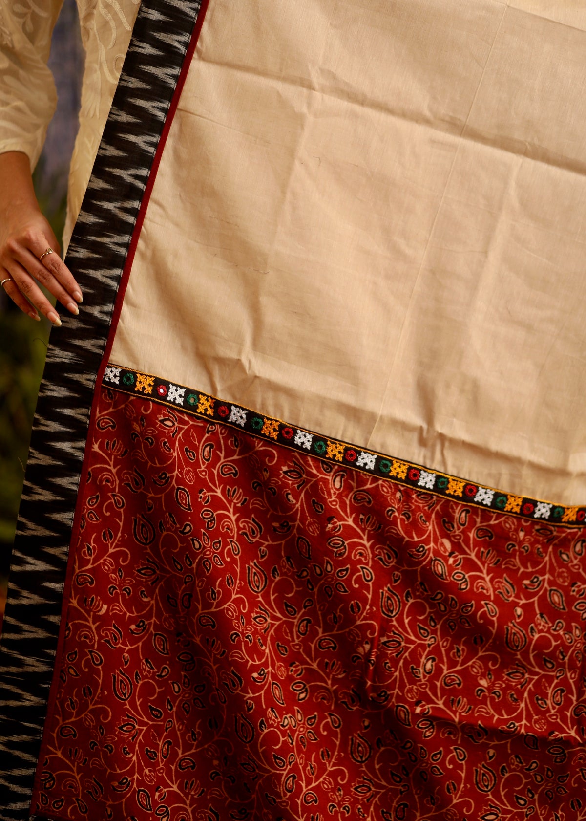 Off White Cotton Handloom Dupatta with Ajrakh, Ikat and handmade Kutch embroidery