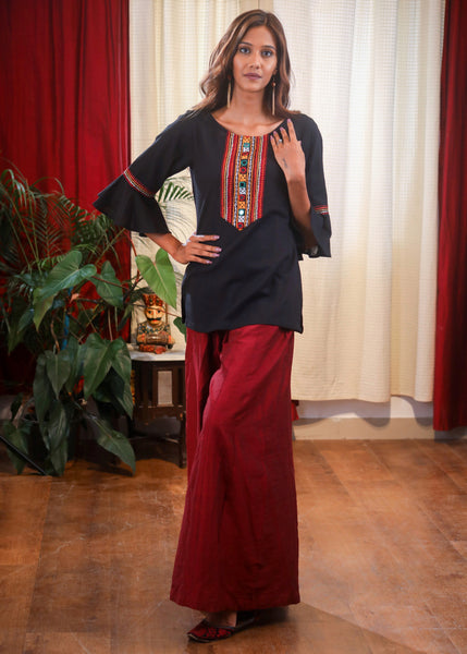 Multicolored Embroidered Mirror Work Black Top