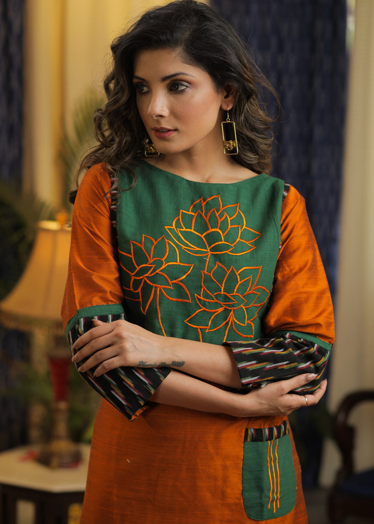 Straight Cut Rust Cotton silk Kurta with Exclusive Embroidered yoke and Pocket