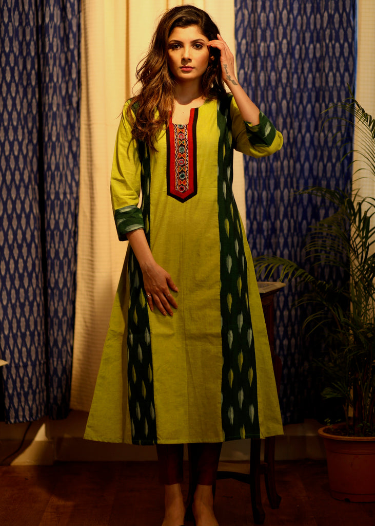 A-line Handloom Cotton Kurti with Ikat and Hand-made kutch mirror Embroidery