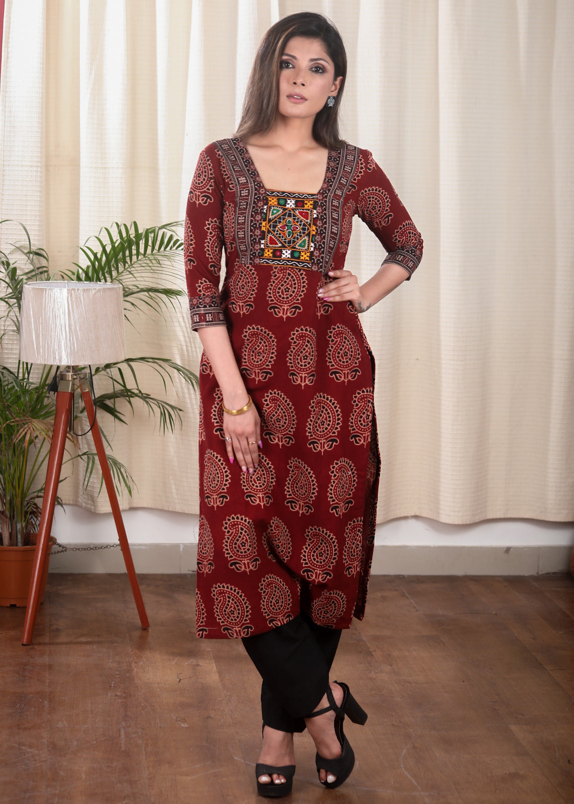 Beautiful Traditional Paisely Motif Straight Cut Cotton Ajrakh Kurta with Hand Made Kutch Mirror Work
