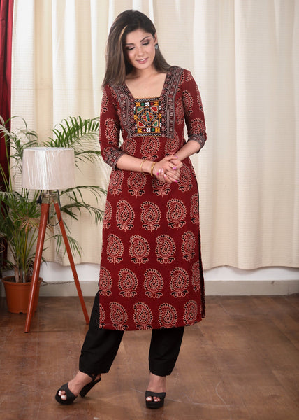 Beautiful Traditional Paisely Motif Straight Cut Cotton Ajrakh Kurta with Hand Made Kutch Mirror Work