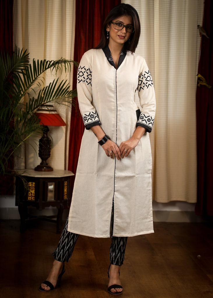 Straight Cut Cotton Handloom kurta with  Modern Embroidery Work and Smart Pockets