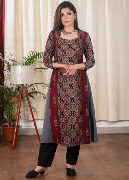 A Line Cotton  Kurta With Beautiful Combination Of Ikat and Ajrakh