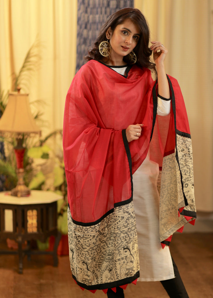 Red Chanderi Dupatta With Madhubani work and Tassles