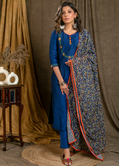 Blue Cotton Silk Straight Cut with Floral Embroidered Yoke and Sleeves