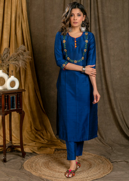 Blue Cotton Silk Straight Cut with Floral Embroidered Yoke and Sleeves