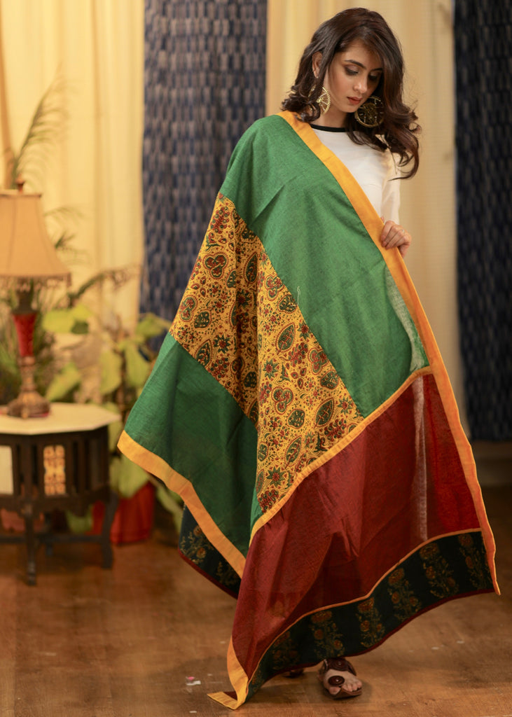 Green Handloom Cotton Dupatta with Ajrakh In the middle and on borders