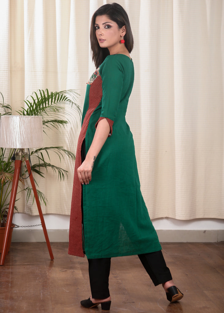 Straight Cut Pure Cotton Ajrakh Kurta with exclusive Hand made Madhubani Painting and Khun Fabric On The Yoke