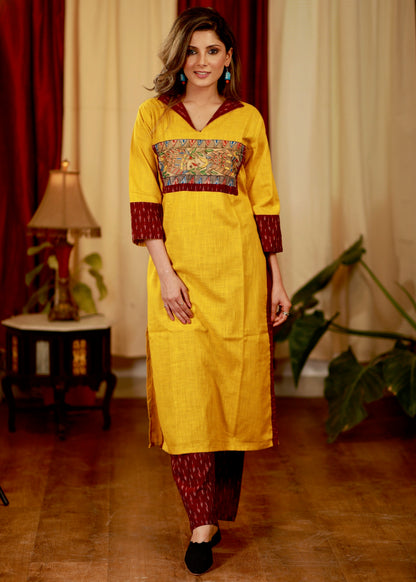 Straight Cut Cotton Handloom  Kurta with Hand painted Madhubani Yoke and Ikat Detail