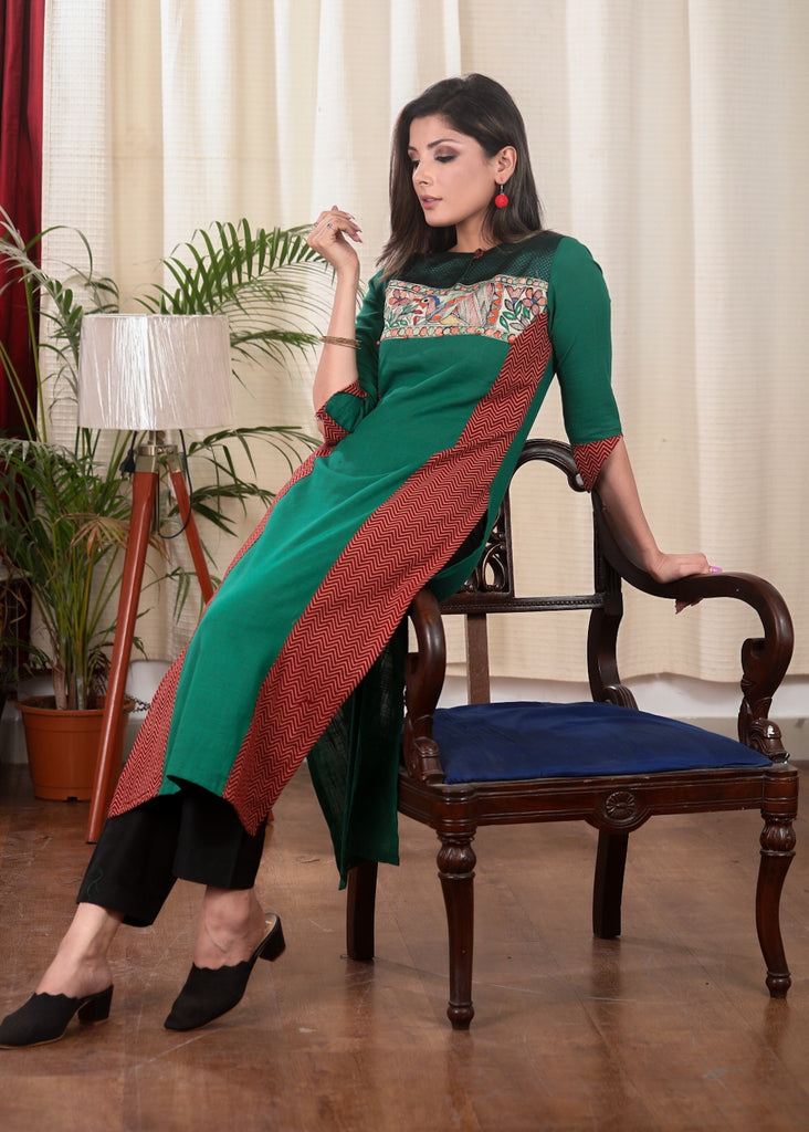 Straight Cut Pure Cotton Ajrakh Kurta with exclusive Hand made Madhubani Painting and Khun Fabric On The Yoke