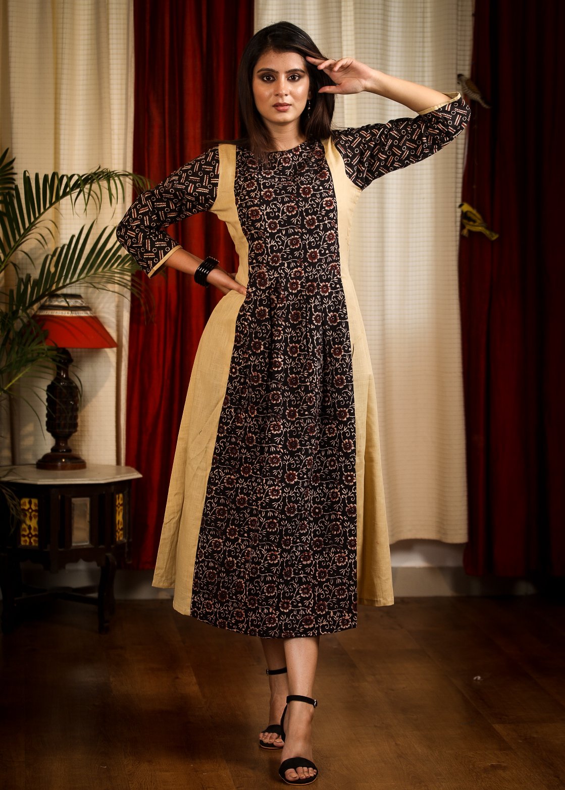 A Line Smart Ajrakh Combination Kurta  / One Piece Dress