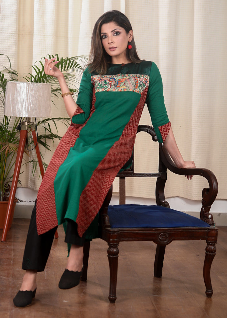 Straight Cut Pure Cotton Ajrakh Kurta with exclusive Hand made Madhubani Painting and Khun Fabric On The Yoke