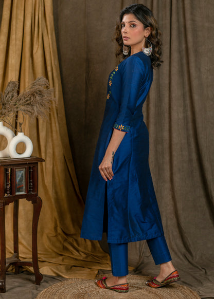 Blue Cotton Silk Straight Cut with Floral Embroidered Yoke and Sleeves