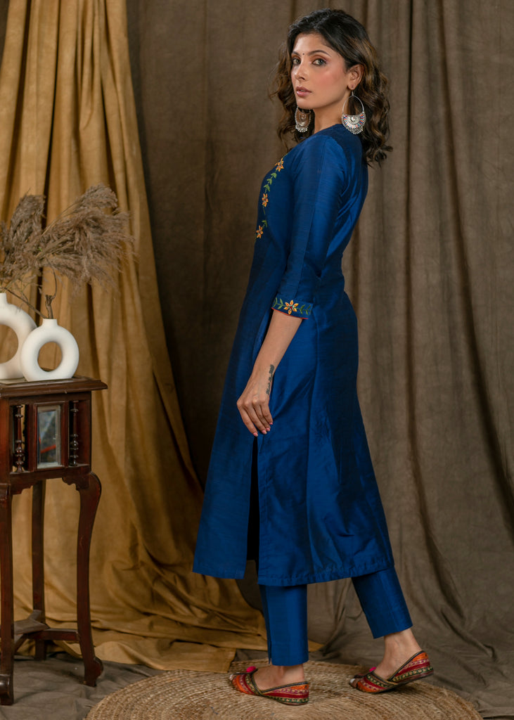 Blue Cotton Silk Straight Cut Kurta Pant Set with Floral Embroidered Yoke and Sleeves - Dupatta Optional