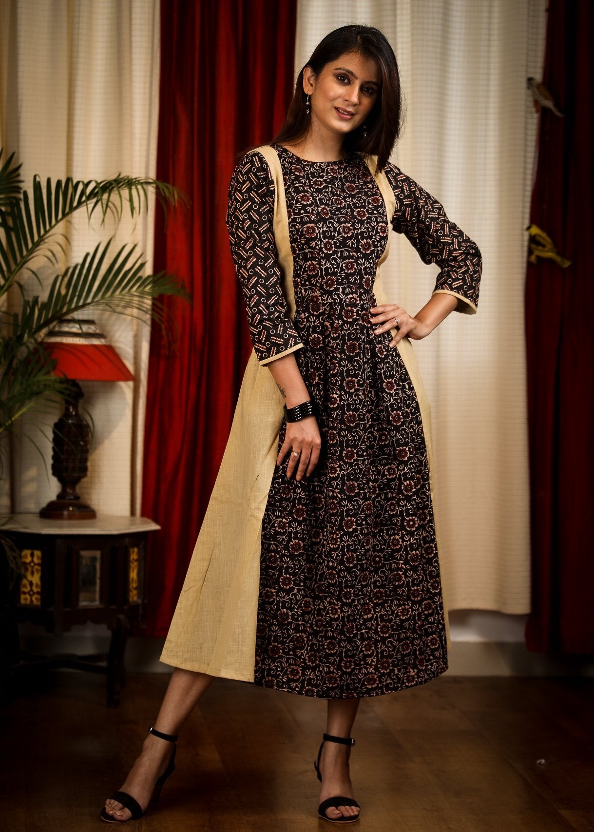 A Line Smart Ajrakh Combination Kurta  / One Piece Dress