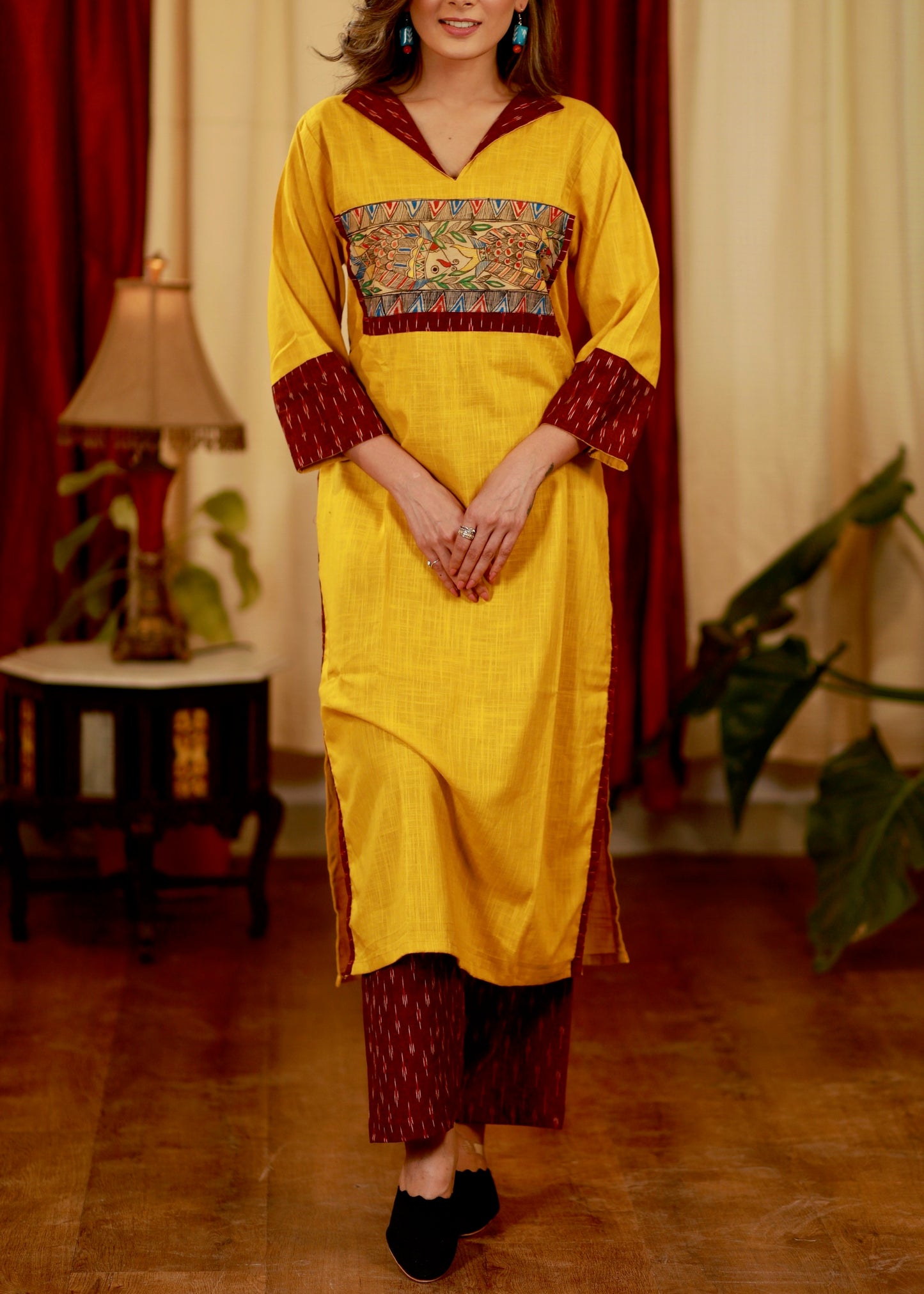 Straight Cut Cotton Handloom  Kurta with Hand painted Madhubani Yoke and Ikat Detail