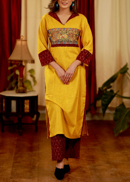 Straight Cut Cotton Handloom  Kurta with Hand painted Madhubani Yoke and Ikat Detail