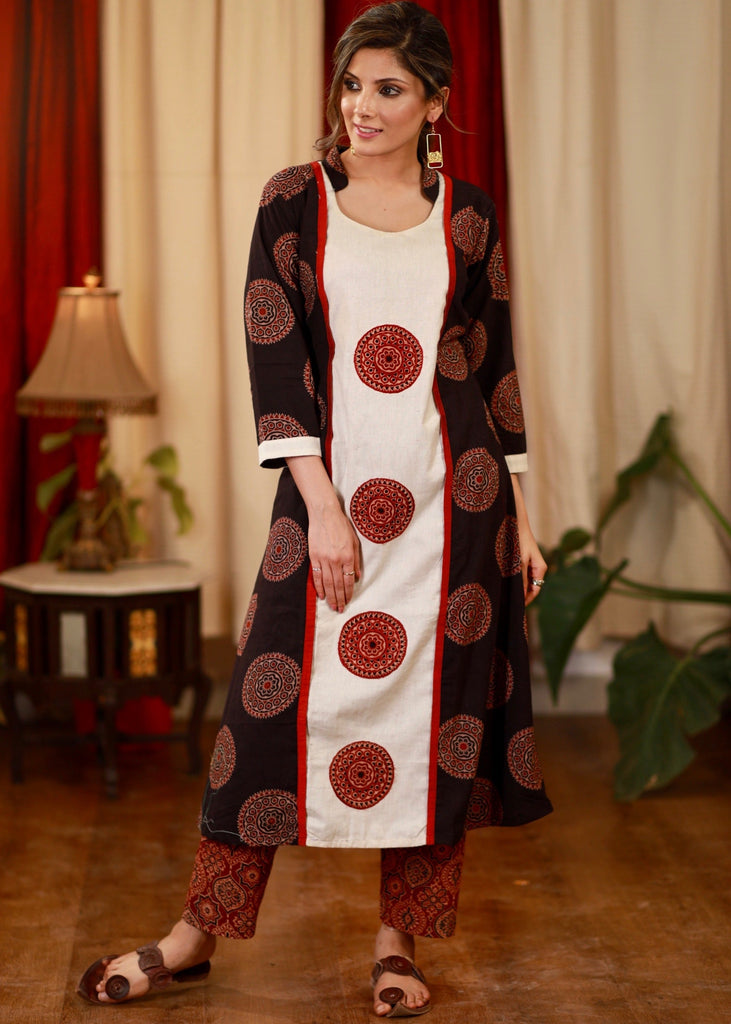 A - Line Cotton Ajrakh Kurta with Ajrakh Applique Work in the central Panel