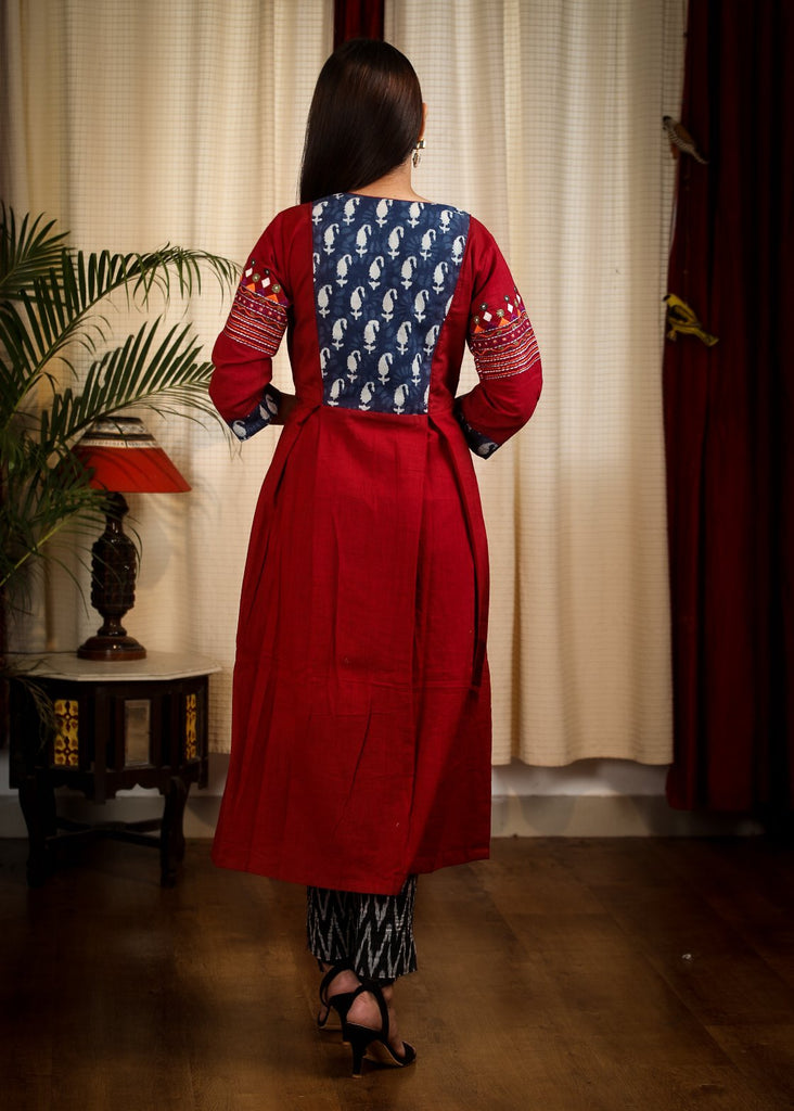 A Line Indigo & Maroon Kurta  / One Piece Dress with Smart Embroidery work on Sleeves