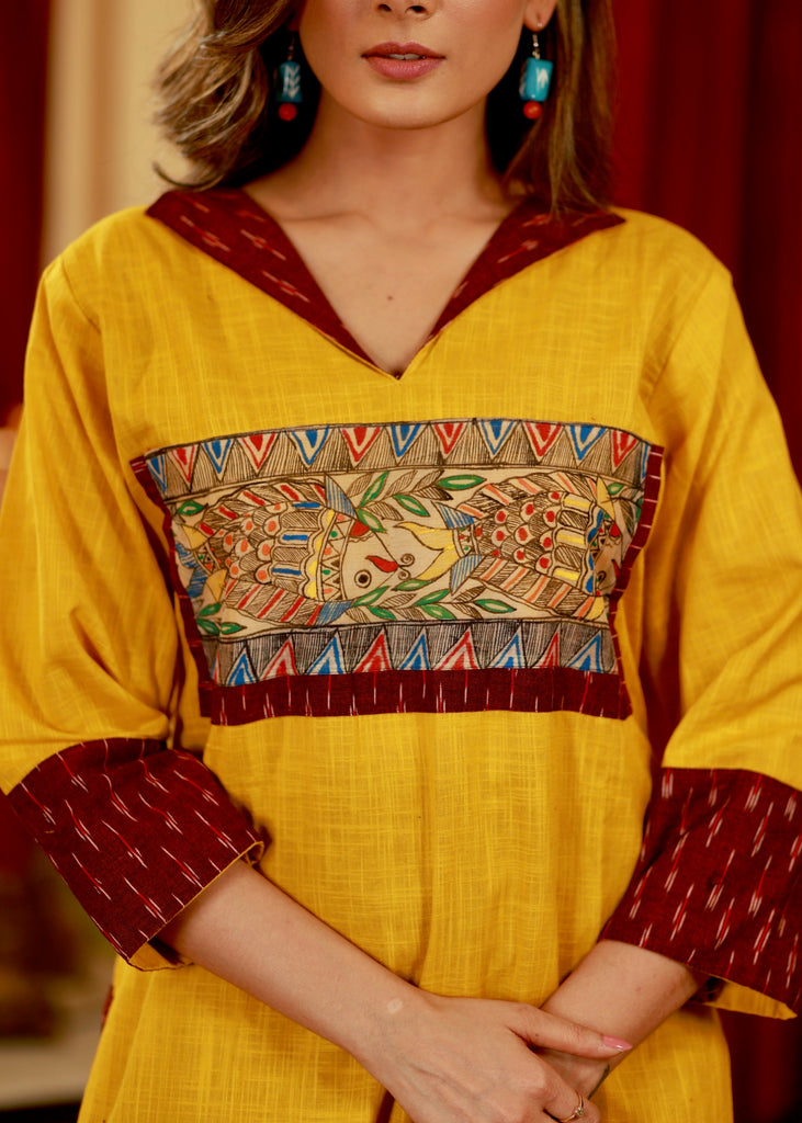 Straight Cut Cotton Handloom  Kurta with Hand painted Madhubani Yoke and Ikat Detail
