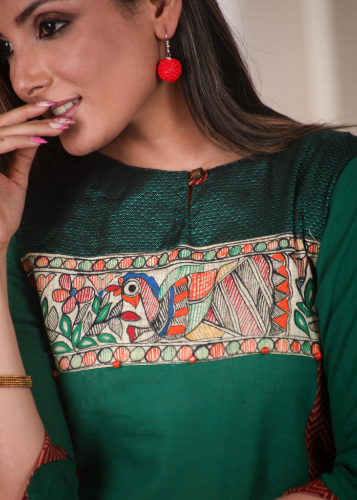 Straight Cut Pure Cotton Ajrakh Kurta with exclusive Hand made Madhubani Painting and Khun Fabric On The Yoke