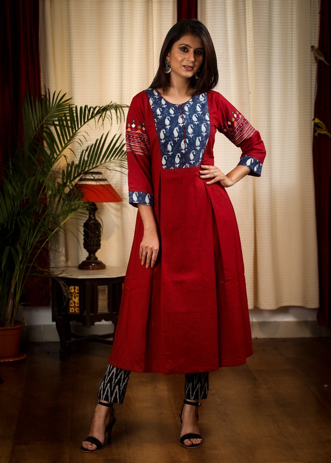 Dussehra Sale — A Line Indigo & Maroon Kurta  / One Piece Dress with Smart Embroidery work on Sleeves