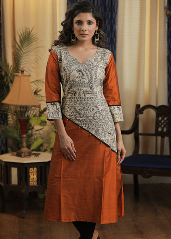 A- line Rust Cotton silk kurta with Exclusive Madhubani details