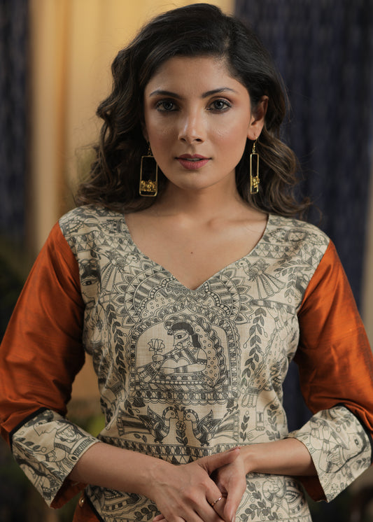 A- line Rust Cotton silk kurta with Exclusive Madhubani details