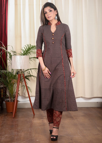 Stylish A Line Pure Cotton Ajrakh Combination Kurta with Wooden Bead Buttons