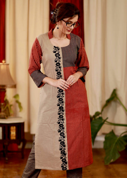 Fire Brick Cotton Kurti / Tunic with leather embroidery work