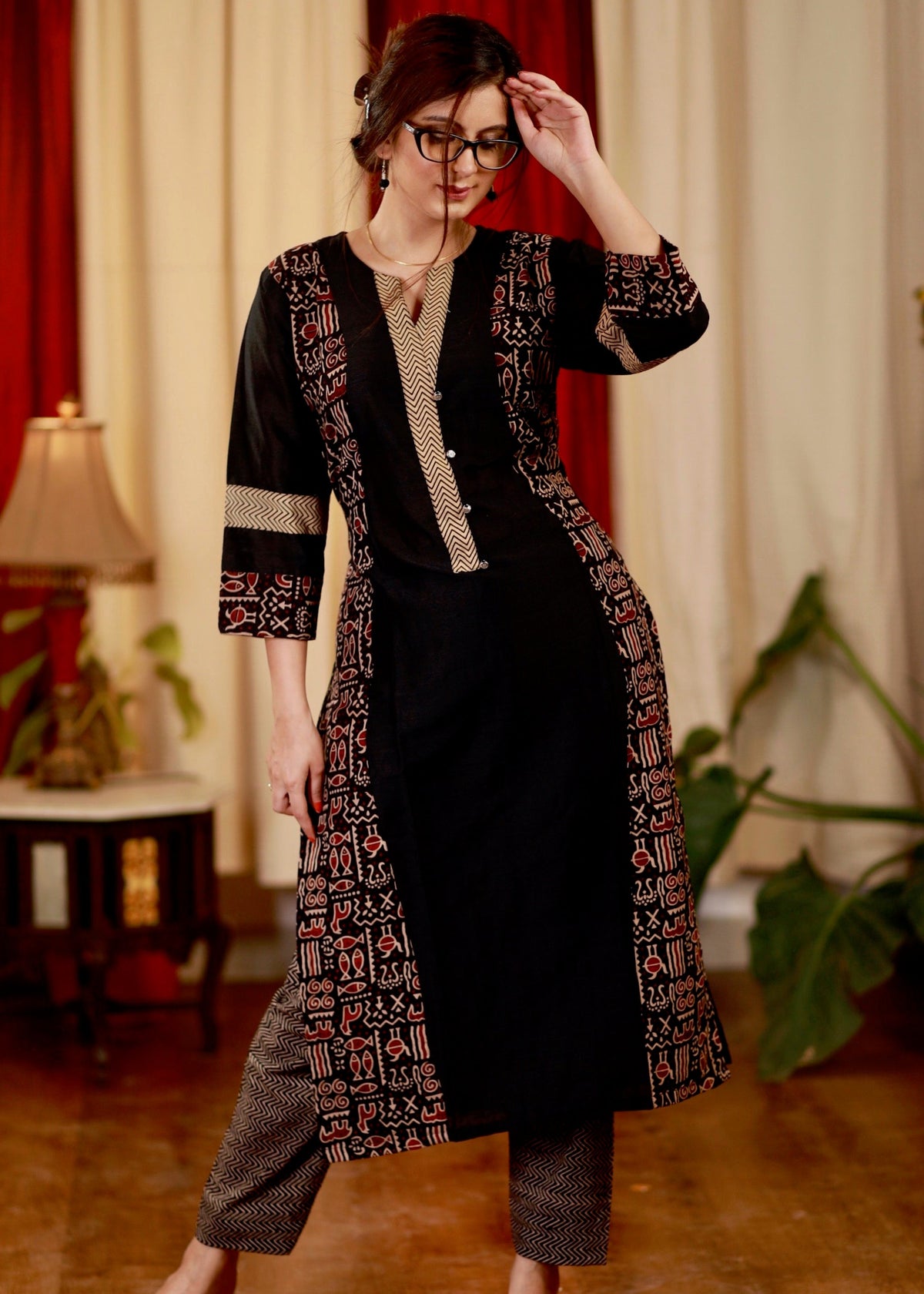 Dussehra Sale — Straight cut Cotton Ajrakh Kurta with Contrast Ajrakh Neck Line - Pant Optional