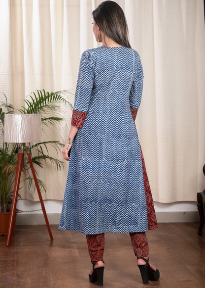 Unique A Line  Pure Cotton Indigo and Ajrakh Combination Kurta