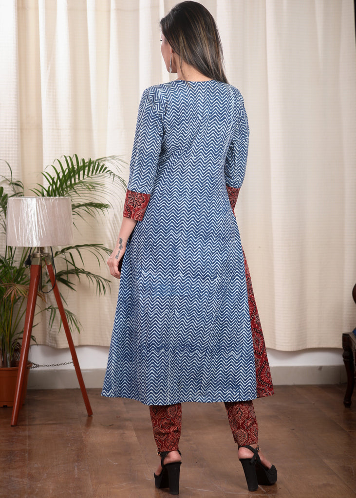 Unique A Line  Pure Cotton Indigo and Ajrakh Combination Kurta