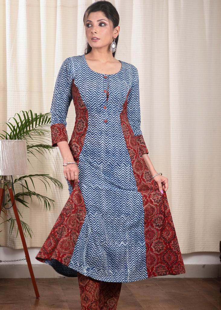 Unique A Line  Pure Cotton Indigo and Ajrakh Combination Kurta