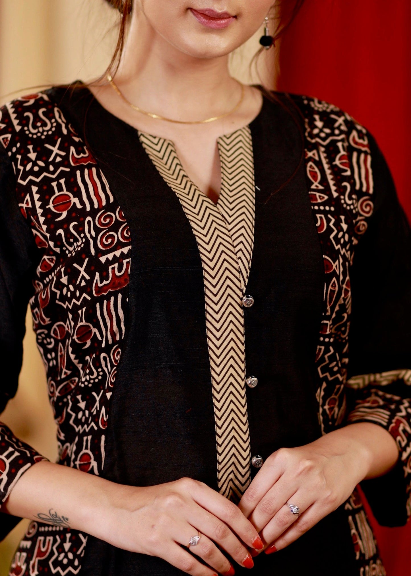 Straight cut Cotton Ajrakh Kurta with Contrast Ajrakh Neck Line