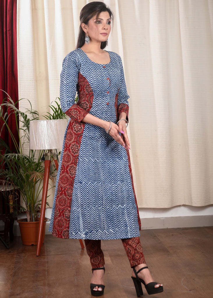 Unique A Line  Pure Cotton Indigo and Ajrakh Combination Kurta